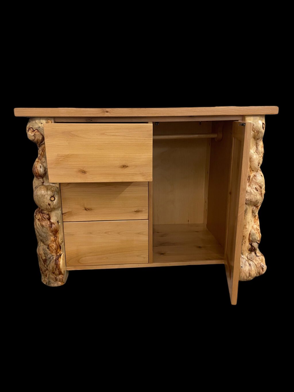 3 drawer-wardrobe-steel accent-alder with burl log legs