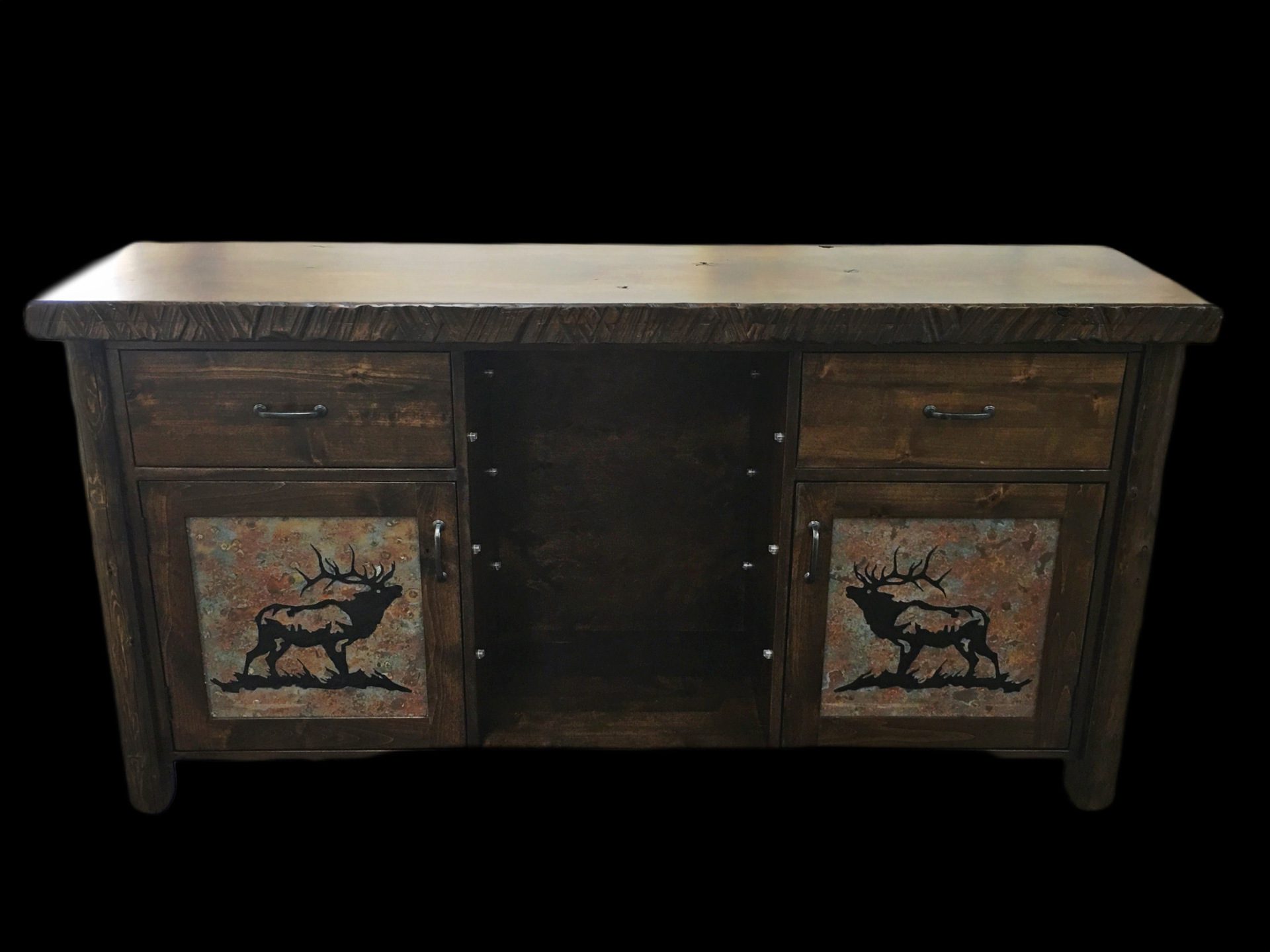 Custom wood dresser with elk silhouette