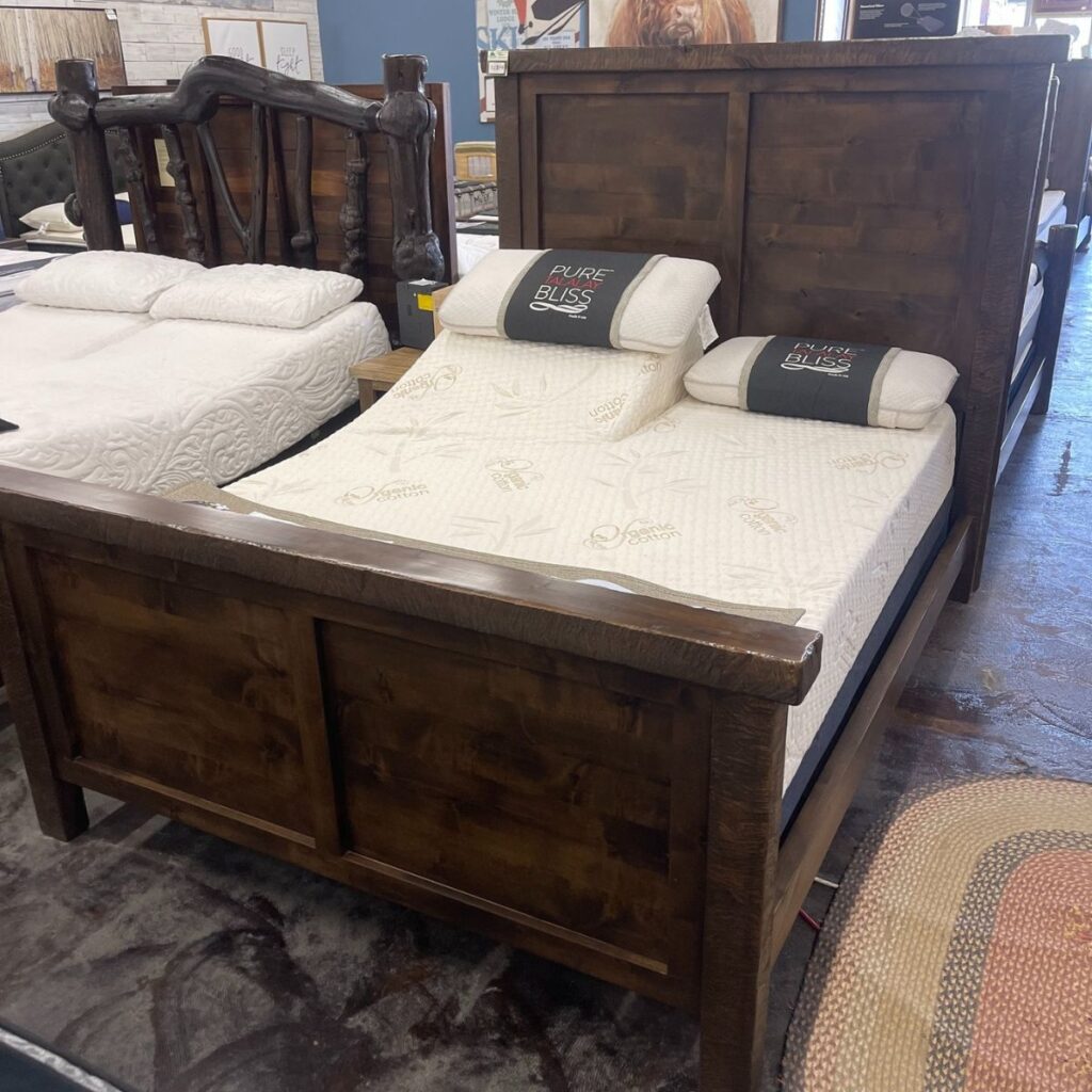 rustic pine bed on display