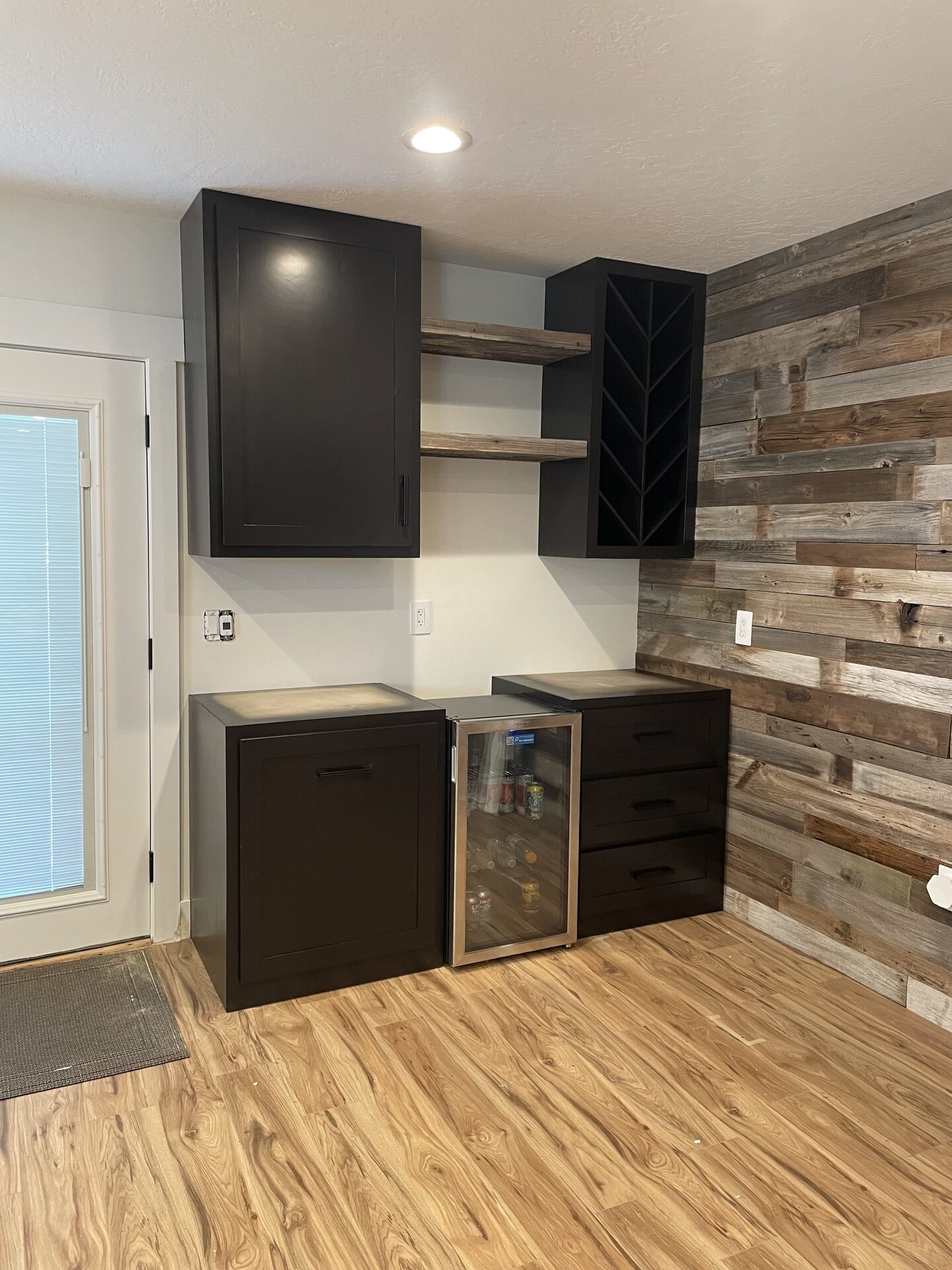 Mini Bar cabinets, Wine Rack & barnwood floating shelfs